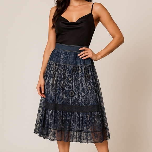 Picadilly Sparkle Midi Skirt – Denim Waist & Lace Overlay Size 12 - Picture 1 of 11